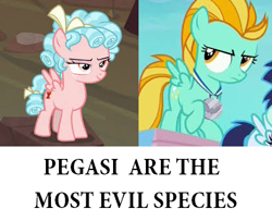 Size: 416x338 | Tagged: safe, edit, edited screencap, imported from derpibooru, screencap, cozy glow, lightning dust, pegasus, pony, frenemies (episode), parental glideance, downvote bait, female, filly, filly lightning dust, insane troll logic, mare, op is a duck, op is trying to start shit, race mistaken for species, racism, younger