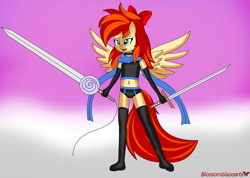 Size: 5164x3669 | Tagged: safe, artist:blossomblaze, imported from derpibooru, oc, oc:blossomblaze, anthro, pegasus, armor, belly button, blue eyes, bow, clothes, collar, female, gloves, long gloves, long hair, long socks, long tail, scarf, sword, weapon, wings