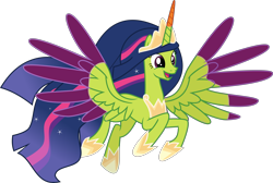 Size: 7360x4934 | Tagged: safe, deleted from derpibooru, edit, imported from derpibooru, thorax, twilight sparkle, alicorn, the last problem, leak, adult, crown, flying, horseshoes, jewelry, necklace, older, older twilight, open mouth, palette swap, princess twilight 2.0, recolor, regalia, smiling, twilight sparkle (alicorn)