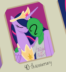 Size: 2400x2630 | Tagged: safe, artist:yukkuripalehorse, imported from derpibooru, twilight sparkle, oc, oc:anon, alicorn, human, pony, the last problem, clothes, crown, eyes closed, female, human male, jewelry, male, mare, peytral, photo, princess twilight 2.0, regalia, shirt, twilight sparkle (alicorn), wing hold