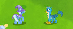 Size: 415x167 | Tagged: safe, imported from derpibooru, gallus, trixie, blue, gameloft, gameloft shenanigans