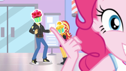 Size: 1920x1080 | Tagged: safe, imported from derpibooru, screencap, flash sentry, pinkie pie, sunset shimmer, do it for the ponygram!, equestria girls, equestria girls series, spoiler:eqg series (season 2), barbershop pole, canterlot mall, converse, cupcake, female, food, frosting, glass door, magic cupcake touch, male, orange creamsicle cupcake, raspberry ganache cupcake, shoes, sneakers