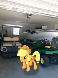 Size: 3024x4032 | Tagged: safe, imported from derpibooru, photographer:undeadponysoldier, applejack, earth pony, pony, augmented reality, boat, female, gameloft, garage, golf cart, hat, irl, john deere, lawn mower, mare, photo, ponies in real life