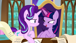 Size: 1920x1080 | Tagged: safe, imported from derpibooru, screencap, starlight glimmer, twilight sparkle, alicorn, pony, the beginning of the end, duo, duo female, female, lidded eyes, magic, out of context, scroll, twilight sparkle (alicorn)