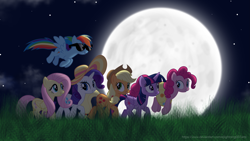 Size: 3417x1923 | Tagged: safe, artist:ejlightning007arts, imported from derpibooru, applejack, fluttershy, pinkie pie, rainbow dash, rarity, twilight sparkle, alicorn, earth pony, pegasus, pony, unicorn, floaty, grass, group, hat, mane six, moon, night, scene interpretation, stars, sunglasses, twilight sparkle (alicorn), walking, watership down