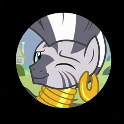 Size: 565x565 | Tagged: safe, imported from derpibooru, screencap, zecora, pony, zebra, she talks to angel, cropped, ear piercing, earring, female, icon, iris out, jewelry, neck rings, one eye closed, piercing, quadrupedal, solo, wink