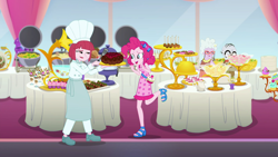 Size: 1920x1080 | Tagged: safe, imported from derpibooru, screencap, chelsea porcelain, mr. waddle, pinkie pie, puffed pastry, equestria girls, equestria girls series, spring breakdown, spoiler:eqg series (season 2), buffet, cake, chef's hat, food, hat, sleeveless, spatula, table