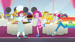 Size: 1920x1080 | Tagged: safe, imported from derpibooru, screencap, chelsea porcelain, mr. waddle, pinkie pie, puffed pastry, rainbow dash, equestria girls, equestria girls series, spring breakdown, spoiler:eqg series (season 2), cake, cupcake, food, sleeveless, spatula