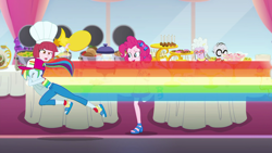 Size: 1920x1080 | Tagged: safe, imported from derpibooru, screencap, chelsea porcelain, mr. waddle, pinkie pie, puffed pastry, rainbow dash, equestria girls, equestria girls series, spring breakdown, spoiler:eqg series (season 2), food, rainbow, tackle