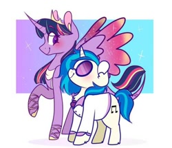 Size: 500x429 | Tagged: safe, artist:bubaiuv, imported from derpibooru, dj pon-3, twilight sparkle, vinyl scratch, alicorn, pony, unicorn, blushing, clothes, colored wings, colored wingtips, curved horn, female, happy, horn, leonine tail, lesbian, shipping, smiling, suit, twilight sparkle (alicorn), vinylight