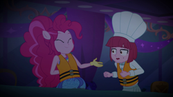 Size: 1920x1080 | Tagged: safe, imported from derpibooru, screencap, pinkie pie, puffed pastry, equestria girls, equestria girls series, spring breakdown, spoiler:eqg series (season 2), chef's hat, duo, duo female, female, flood, hat, lifejacket, ponied up, super ponied up