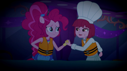 Size: 1920x1080 | Tagged: safe, imported from derpibooru, screencap, pinkie pie, puffed pastry, equestria girls, equestria girls series, spring breakdown, spoiler:eqg series (season 2), chef's hat, hat, holding hands, lifejacket, ponied up, super ponied up