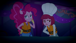 Size: 1920x1080 | Tagged: safe, imported from derpibooru, screencap, pinkie pie, puffed pastry, equestria girls, equestria girls series, spring breakdown, spoiler:eqg series (season 2), chef, chef's hat, duo, duo female, female, hat, lifejacket, ponied up, super ponied up, thinking