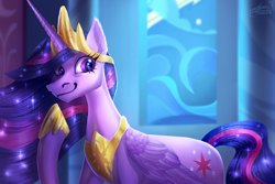 Size: 1600x1067 | Tagged: safe, artist:sakishithewolf, imported from derpibooru, twilight sparkle, alicorn, pony, the last problem, female, hoers, jewelry, princess twilight 2.0, raised hoof, regalia, smiling, solo, twilight sparkle (alicorn)