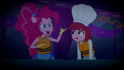 Size: 1920x1080 | Tagged: safe, imported from derpibooru, screencap, pinkie pie, puffed pastry, equestria girls, equestria girls series, spring breakdown, spoiler:eqg series (season 2), chef's hat, duo, duo female, female, hat, idea, lifejacket, ponied up, super ponied up