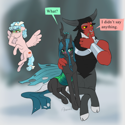 Size: 1500x1500 | Tagged: safe, artist:arareroll, imported from derpibooru, cozy glow, lord tirek, queen chrysalis, centaur, changeling, changeling queen, pegasus, pony, frenemies (episode), blushing, bow, bracer, cave, chrysirek, cloven hooves, colored hooves, crown, dialogue, disgusted, female, filly, flying, foal, hair bow, implied oral, jewelry, male, mare, nose piercing, nose ring, piercing, regalia, septum piercing, shipping, signature, sitting, snow, straight, tail bow