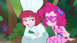 Size: 1920x1080 | Tagged: safe, imported from derpibooru, screencap, pinkie pie, puffed pastry, equestria girls, equestria girls series, spring breakdown, spoiler:eqg series (season 2), chef, chef's hat, geode of sugar bombs, hat, magical geodes, sitting, sleeveless
