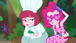 Size: 1920x1080 | Tagged: safe, imported from derpibooru, screencap, pinkie pie, puffed pastry, equestria girls, equestria girls series, spring breakdown, spoiler:eqg series (season 2), chef, chef's hat, duo, duo female, female, glasses, hat, heart shaped glasses, sleeveless, tongue out