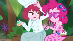 Size: 1920x1080 | Tagged: safe, imported from derpibooru, screencap, pinkie pie, puffed pastry, equestria girls, equestria girls series, spring breakdown, spoiler:eqg series (season 2), chef's hat, duo, duo female, female, geode of sugar bombs, hat, magical geodes, sleeveless