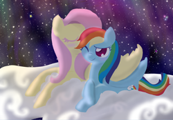 Size: 5148x3584 | Tagged: safe, artist:khough, imported from derpibooru, fluttershy, rainbow dash, pegasus, pony, blushing, cloud, eyes closed, female, flutterdash, lesbian, night, on a cloud, shipping, stars