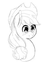 Size: 660x860 | Tagged: safe, artist:undreamed panic, imported from derpibooru, applejack, earth pony, pony, applejack's hat, bust, cowboy hat, cute, female, freckles, hat, monochrome, simple background, solo, white background