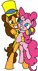 Size: 651x1200 | Tagged: safe, artist:treble clefé, imported from derpibooru, cheese sandwich, pinkie pie, earth pony, pony, the last laugh, bipedal, cheesepie, clothes, female, hat, hug, male, shipping, straight, suit, top hat