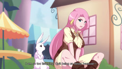 Size: 1280x721 | Tagged: safe, artist:jonfawkes, imported from derpibooru, angel bunny, fluttershy, human, rabbit, she talks to angel, animal, anime, body swap, clothes, cute, female, humanized, scene interpretation, shyabetes, subtitles, wing ears