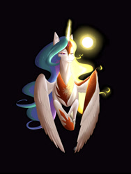 Size: 4500x6000 | Tagged: safe, artist:pipoupip, imported from derpibooru, daybreaker, princess celestia, pony, armor, black background, duality, female, signature, simple background, solo, sun, sun god