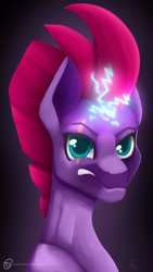 Size: 1080x1920 | Tagged: safe, artist:obscuredragone, imported from derpibooru, fizzlepop berrytwist, tempest shadow, pony, unicorn, my little pony: the movie, angry, antagonist, badass, broken horn, cherry mane, dark, female, horn, light, looking at you, magic, movie, photo, purple fur, purple skin, shadow, solo, sparkles, staring at you