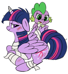 Size: 800x870 | Tagged: safe, artist:gifanon, imported from derpibooru, spike, twilight sparkle, alicorn, dragon, pony, bandage, bandaging, cute, female, floppy ears, injured, male, mare, prone, smiling, tongue out, twilight sparkle (alicorn)