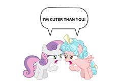 Size: 1280x820 | Tagged: safe, artist:lunaticdawn, imported from derpibooru, cozy glow, sweetie belle, pegasus, pony, unicorn, argument, duo, female, filly, freckles, pointing, simple background, speech bubble, transparent background, underhoof, vector