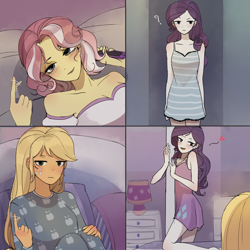 Size: 1800x1800 | Tagged: safe, artist:tcn1205, imported from derpibooru, applejack, rarity, vignette valencia, human, equestria girls, equestria girls series, adorasexy, bed, bedroom, blushing, clothes, cute, female, jackabetes, lesbian, pajamas, pony coloring, question mark, raribetes, rarignette, rarijack, sexy, shipping, valenciadorable