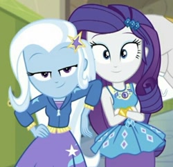 Size: 552x535 | Tagged: safe, imported from derpibooru, screencap, rarity, trixie, equestria girls, equestria girls series, sock it to me, spoiler:choose your own ending (season 2), spoiler:eqg series (season 2), canterlot high, cropped, duo focus, female, geode of shielding, magical geodes