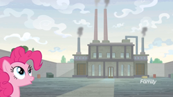 Size: 1920x1080 | Tagged: safe, imported from derpibooru, screencap, pinkie pie, pony, the last laugh, chimney, discovery family logo, factory, female, gag factory, mare, solo