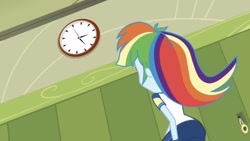 Size: 1466x827 | Tagged: safe, imported from derpibooru, screencap, rainbow dash, equestria girls, equestria girls series, sock it to me, spoiler:choose your own ending (season 2), spoiler:eqg series (season 2), ass, butt, canterlot high, clock, female, hallway, lockers, rainbutt dash, sock it to me: rarity, solo