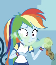 Size: 716x827 | Tagged: safe, imported from derpibooru, screencap, rainbow dash, equestria girls, equestria girls series, sock it to me, sock it to me: bulk biceps, spoiler:choose your own ending (season 2), spoiler:eqg series (season 2), disgusted, faic, female, foot odor, smelly, smelly sock, sock, solo, wavy mouth