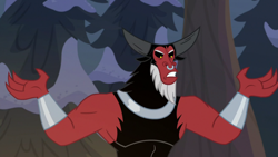 Size: 1920x1080 | Tagged: safe, imported from derpibooru, screencap, lord tirek, centaur, frenemies (episode), forest, male, nose piercing, nose ring, piercing, septum piercing, solo, spread arms