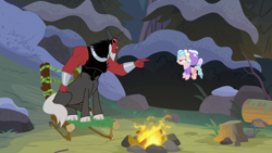 Size: 1920x1080 | Tagged: safe, imported from derpibooru, screencap, cozy glow, lord tirek, centaur, pegasus, pony, frenemies (episode), campfire, chair, clothes, cloven hooves, cozy glow is not amused, duo, female, filly, fire, flying, foal, forest, hat, log, male, nose piercing, nose ring, piercing, pointing, septum piercing, tree stump, winter outfit