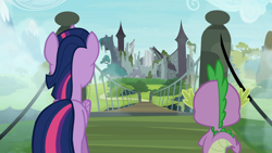 Size: 1600x901 | Tagged: safe, imported from derpibooru, screencap, spike, twilight sparkle, alicorn, dragon, pony, castle mane-ia, abandoned, bridge, castle of the royal pony sisters, duo, female, male, mare, ruins, twilight sparkle (alicorn)