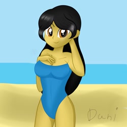 Size: 2000x2000 | Tagged: safe, artist:danielitamlp, imported from derpibooru, oc, oc only, oc:danielita, equestria girls, beach, breasts, clothes, equestria girls-ified, female, looking at you, ocean, one-piece swimsuit, smiling, solo, strapless, swimsuit