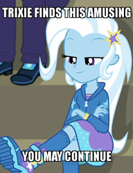 Size: 500x650 | Tagged: safe, edit, edited screencap, imported from derpibooru, screencap, marco dafoy, trixie, equestria girls, equestria girls series, sock it to me, spoiler:choose your own ending (season 2), spoiler:eqg series (season 2), bleachers, boots, clothes, crossed legs, female, kneesocks, offscreen character, shoes, smug, sock it to me: trixie, socks