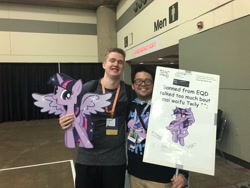 Size: 4032x3024 | Tagged: safe, imported from derpibooru, starlight glimmer, trixie, twilight sparkle, alicorn, human, bronycon 2019, gameleon, irl, irl human, photo, sign, twilight sparkle (alicorn)