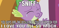 Size: 638x303 | Tagged: safe, edit, edited screencap, editor:undeadponysoldier, imported from derpibooru, screencap, spike, dragon, the ending of the end, leak, caption, claws, crying, cute, eyes closed, image macro, in-universe brony, male, medal, series finale, sniffing, solo, spikabetes, talking to viewer, tears of joy, text, the end, winged spike, wings