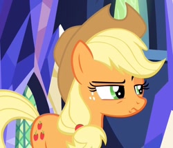 Size: 1114x958 | Tagged: safe, imported from derpibooru, screencap, applejack, earth pony, pony, the last laugh, applejack is not amused, eyebrows, female, mare, solo, unamused