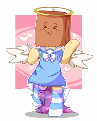 Size: 2000x2500 | Tagged: safe, artist:etoz, imported from derpibooru, oc, oc only, oc:paper bag, earth pony, semi-anthro, angel, angelic wings, bipedal, blushing, chibi, clothes, dress, fake halo, fake wings, female, halo, happy, heart, mare, paper bag, socks, striped socks, wings