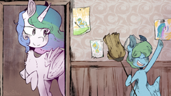 Size: 1920x1080 | Tagged: safe, artist:urbanqhoul, imported from derpibooru, princess celestia, oc, oc:azure glide, alicorn, pegasus, pony, broom, colt, crayon drawing, cute, cutelestia, doorway, flowing mane, happy, hat, male, momlestia, ocbetes, paper hat, room, smiling, traditional art