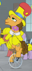 Size: 324x725 | Tagged: safe, imported from derpibooru, screencap, cheese sandwich, lavender chuckle, pony, the last laugh, cropped, hat, helmet, solo focus, top hat, unicycle