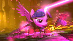 Size: 3840x2160 | Tagged: safe, artist:alicorntwilysparkle, imported from derpibooru, twilight sparkle, alicorn, pony, 3d, blast, book, dungeon, levitation, library, magic, magic beam, magic blast, source filmmaker, sword, telekinesis, twilight sparkle (alicorn), weapon