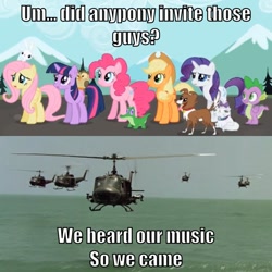 Size: 710x710 | Tagged: safe, edit, edited screencap, imported from derpibooru, screencap, angel bunny, applejack, fluttershy, gummy, opalescence, owlowiscious, pinkie pie, rarity, spike, twilight sparkle, winona, alligator, bird, dog, dragon, owl, pegasus, pony, rabbit, unicorn, may the best pet win, animal, apocalypse now, badass, female, helicopter, mare, meme, mountain, mountain range, ocean, ride of the valkyries, uh-1 iroquois, unicorn twilight