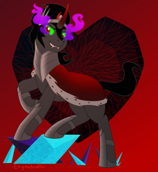 Size: 1100x1200 | Tagged: safe, artist:enigmadoodles, imported from derpibooru, king sombra, pony, unicorn, abstract background, crystal heart, fangs, grin, jewelry, male, raised hoof, redraw, regalia, smiling, solo, sombra eyes, stallion